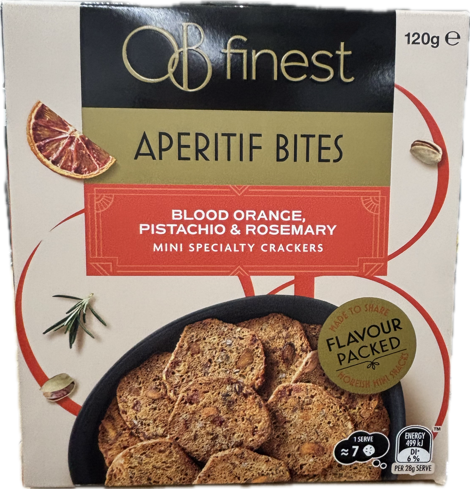 OB Finest Aperitif Bites Blood Orange Pistachio & Rosemary Crackers 120g